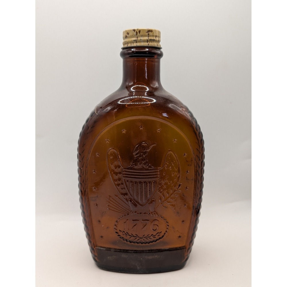 Vintage‎ Log Cabin Syrup Amber Glass Bottle 1776 Bicentennial Eagle Embossed 8in